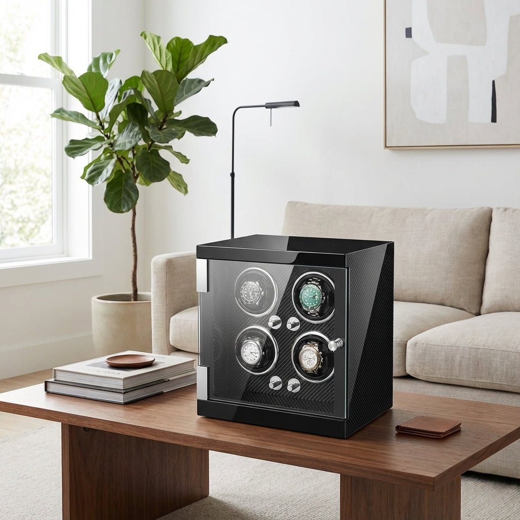 WATCHMATIC Bruno Carbon Fiber Luxury Watch Winder Vertical Type D;14:1154 epitopes black paint + Carbon Fiber + open cover stop + LED light - WatchMatic