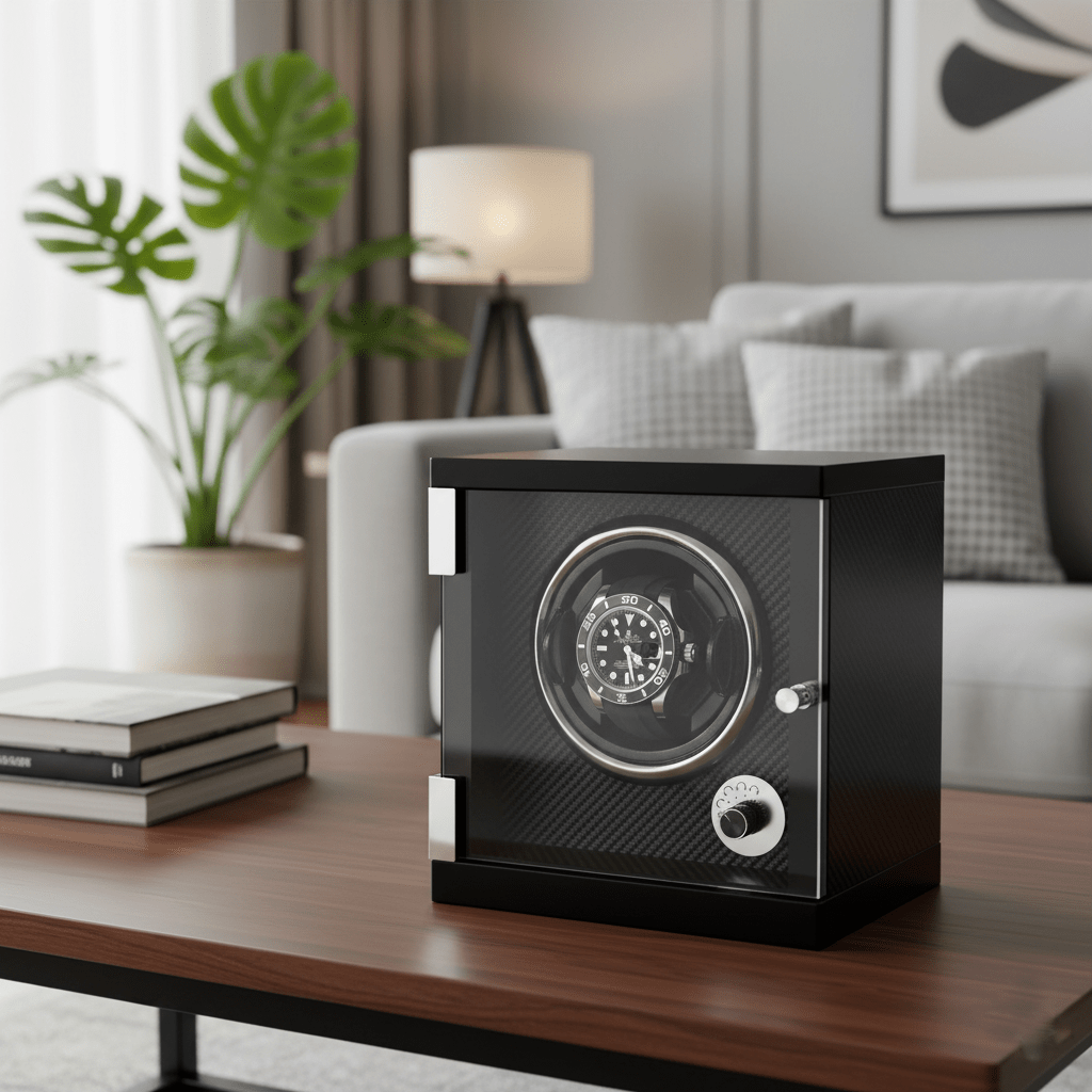 WATCHMATIC Bruno Carbon Fiber Luxury Watch Winder Vertical Type D;14:941 epitopes black paint + Carbon Fiber + open cover stop + LED light - WatchMatic