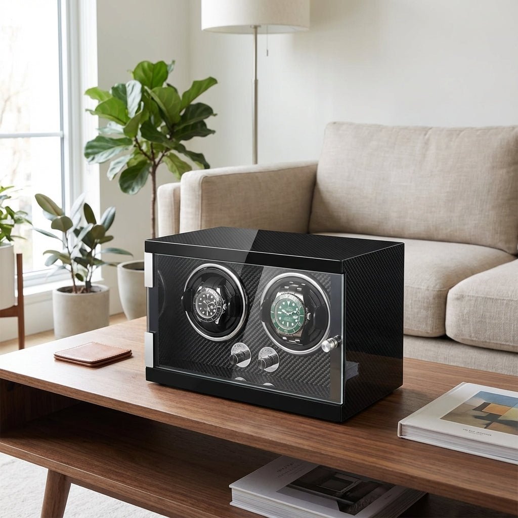 WATCHMATIC Bruno Carbon Fiber Luxury Watch Winder Vertical Type D;14:1142 epitopes black paint + Carbon Fiber + open cover stop + LED light - WatchMatic