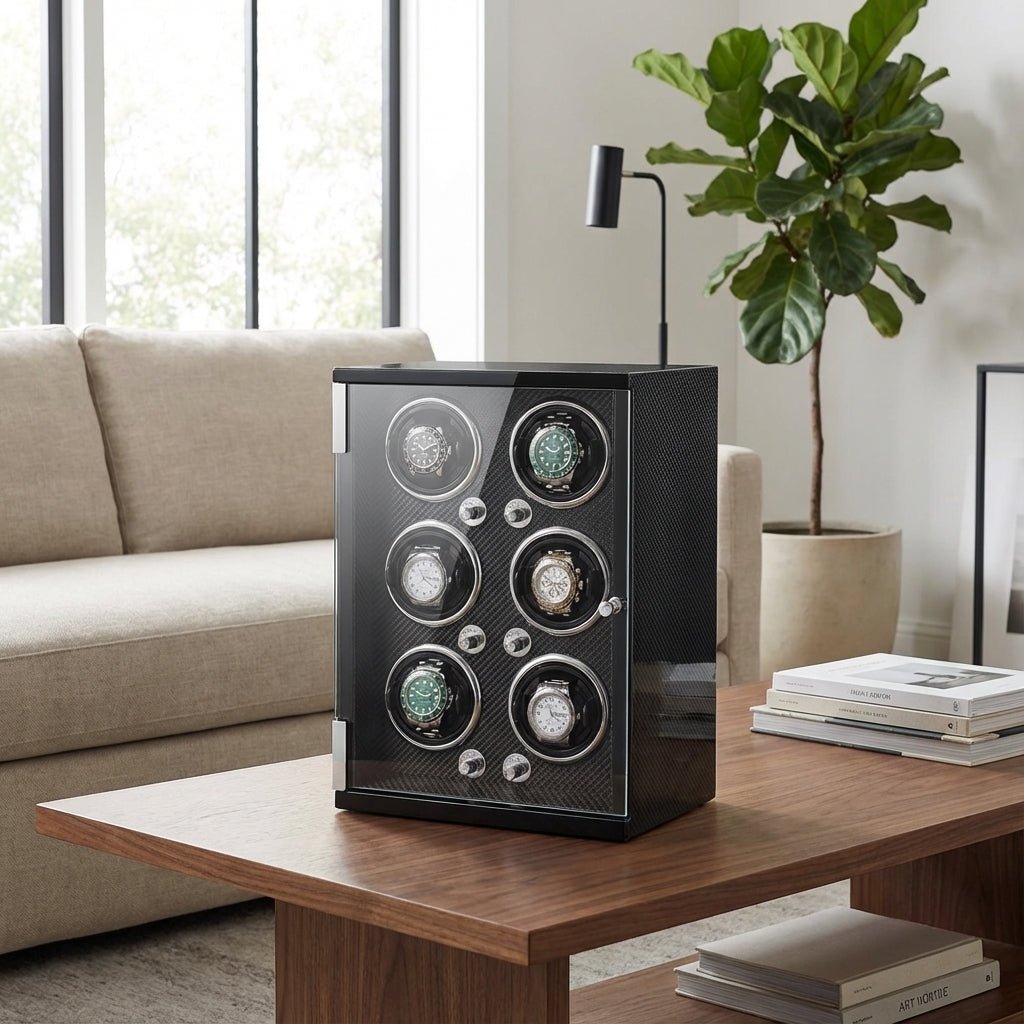 WATCHMATIC Bruno Carbon Fiber Luxury Watch Winder Vertical Type D;14:1506 epitopes black paint + Carbon Fiber + open cover stop + LED light - WatchMatic